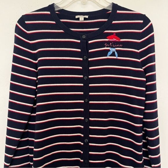 Talbots Je T’aime Paris France Cardigan Blue Red White French Hat Scarf P Small - Picture 2 of 7